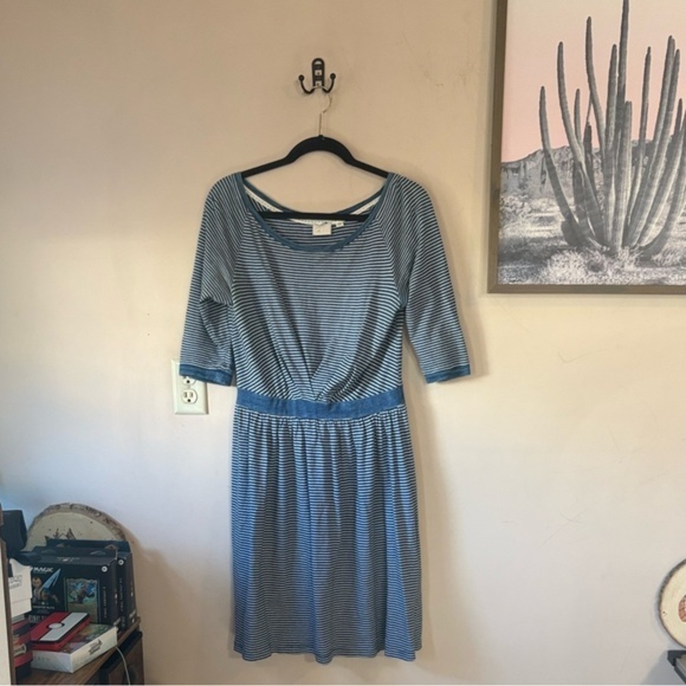 Anthro | Postmark Nautical Blue Striped Patch Elbow Boatneck Dress Size Small
